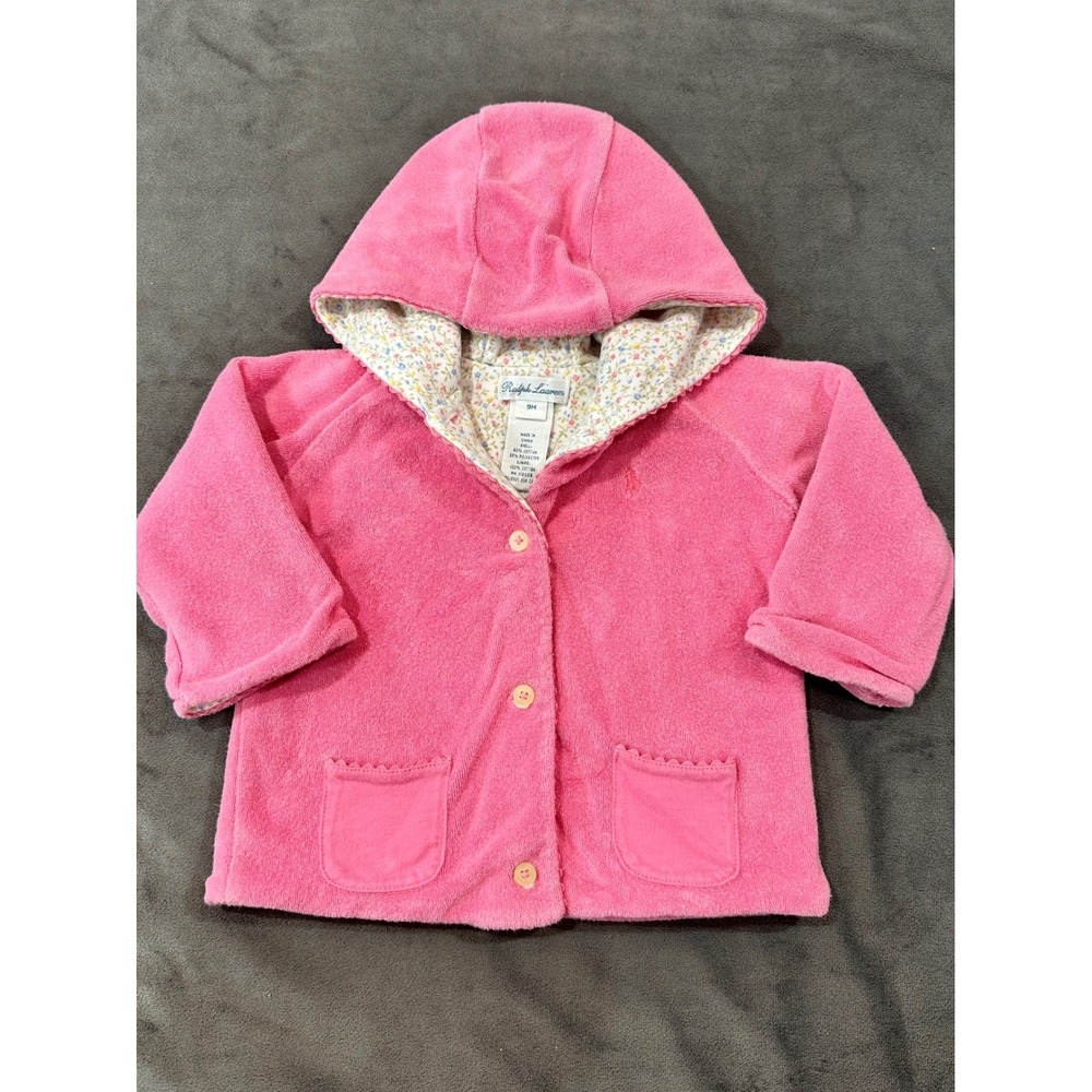 Ralph Lauren Baby Girls Pink Terry Cloth Hooded Jacket Floral Lining 9M